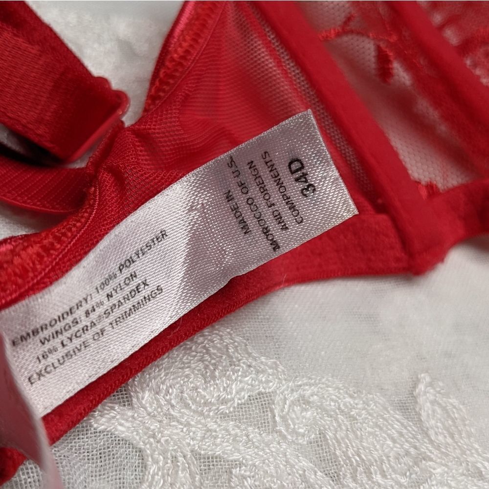 Victoria's Secret Red Lace Bra Mesh Sheer Floral Embroidered 34D Y2K Vintage - Picture 6 of 7